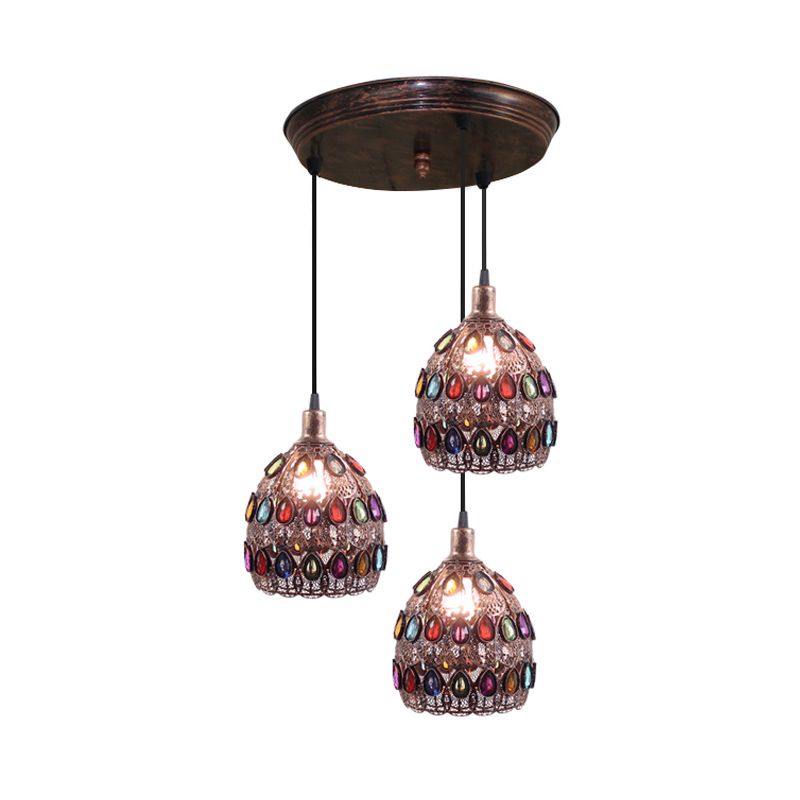 Rust 3 Bulbs Multi Light Pendant Traditional Metal Dome Suspension Lamp with Round/Linear Canopy for Bedroom