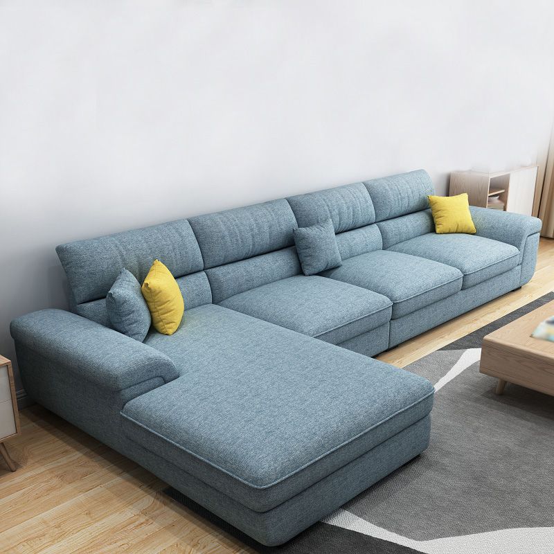 Blue Scandinavian L-Shape Pillow Top Arm Sectional Sofa with High Back