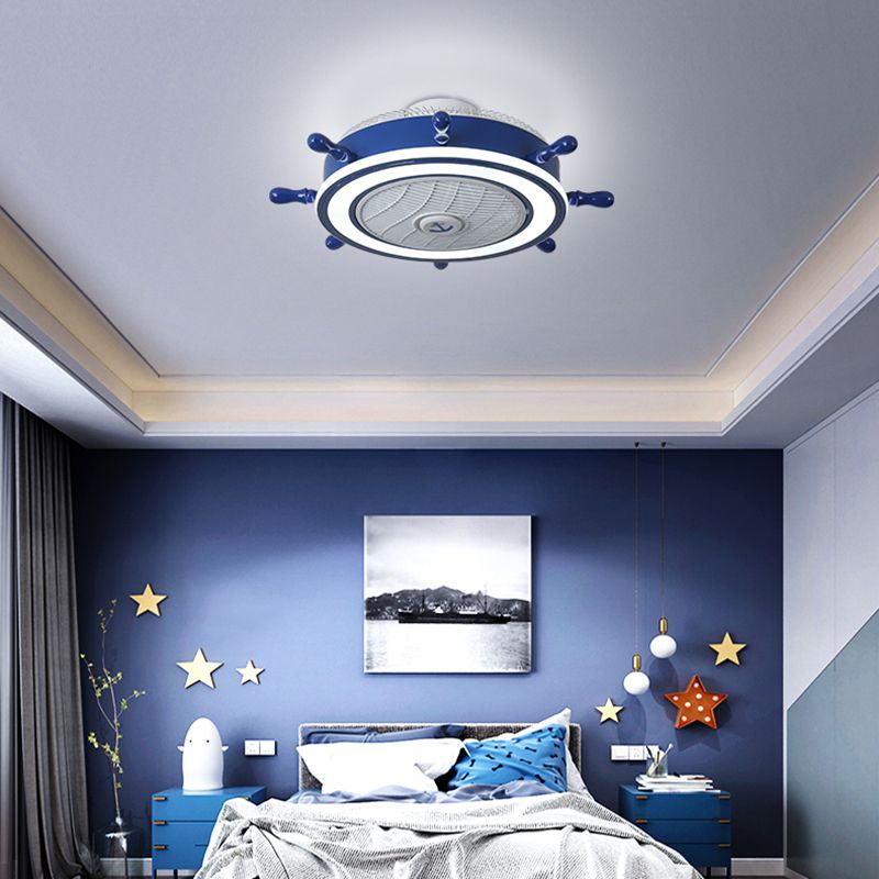 Éclairage de ventilateur de gouvernail bleu marine Méditerranéen LED acrylique Semi Flush Mount Plafond Light for Boys Room