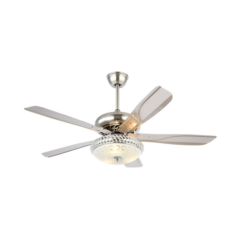 Modern Dome Semi Flush Lighting LED Metallic Ceiling Fan Lamp in Silver for Living Room with 5 Clear Blades, 48" Wide