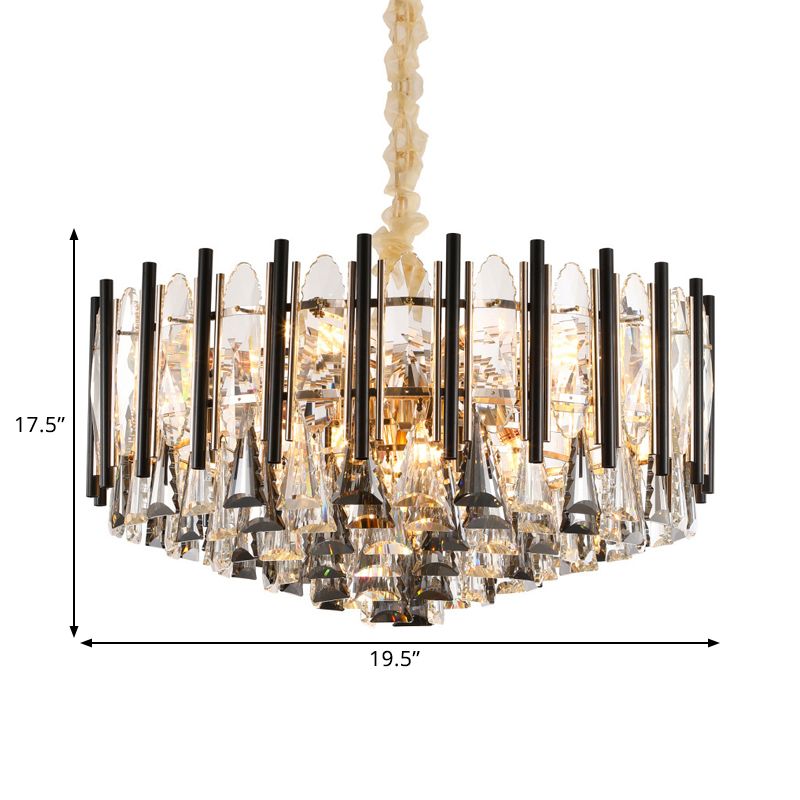 12 Heads Tapered Chandelier Light Modern Clear Crystal Triangular Drops Ceiling Suspension Lamp with Black Tubes