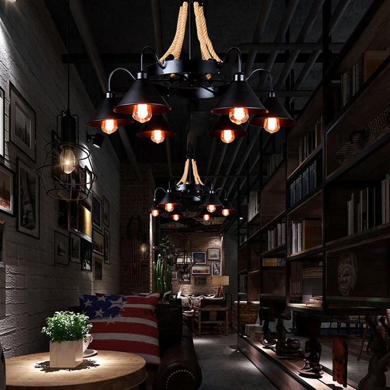 Wiel restaurant kroonluchter verlichting loftstijl touw 6/8 koppen bruin hanglamp met kegel metalen schaduw