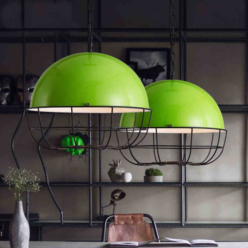 Warehouse Dome Drop Pendant 1 Head Iron Ceiling Lighting Fixture in Green with Cage for Dining Room