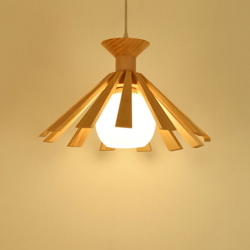 Single-Bulb Dining Room Hanging Light Contemporary Wood Pendant Ceiling Light with Ball Cream Glass Shade