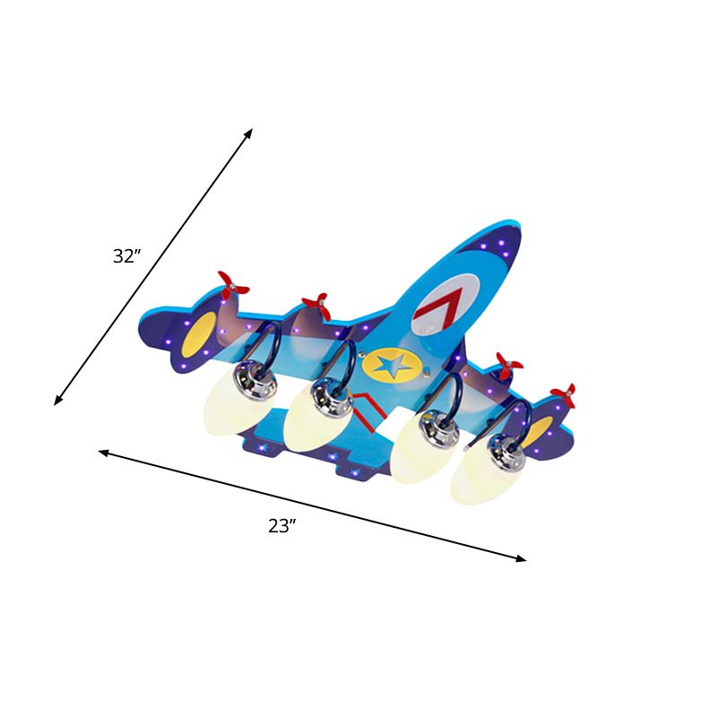 Slaapkamerinbouwlamp met 4 lampen Kid Blue Plane-plafondarmatuur met ellipsvormige opalen glazen kap