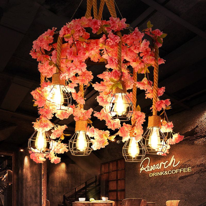 4/6 Lights Bare Bulb Cluster Pendant Antique Pink/Rose Red Metal LED Flower Hanging Lamp for Restaurant