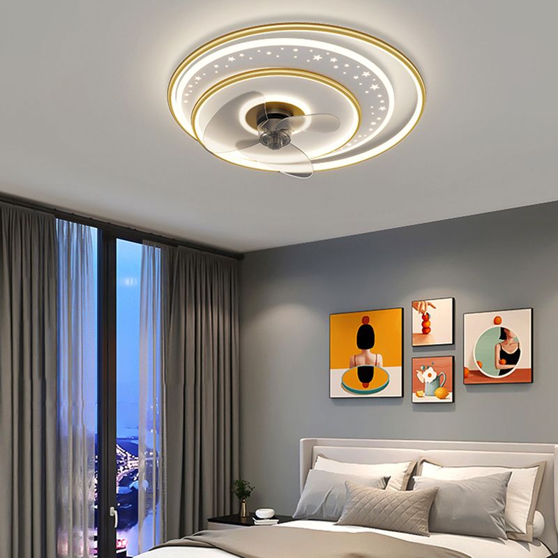 Stylish Modern Circular Ceiling Fan Lamp Metallic Bedroom LED Semi Flush Mount Light