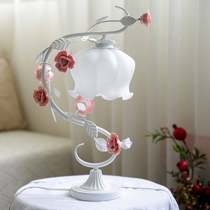 1 Head Table Lamp Pastoral Style Bud White Glass Nightstand Lighting with Ceramic Rose for Bedside