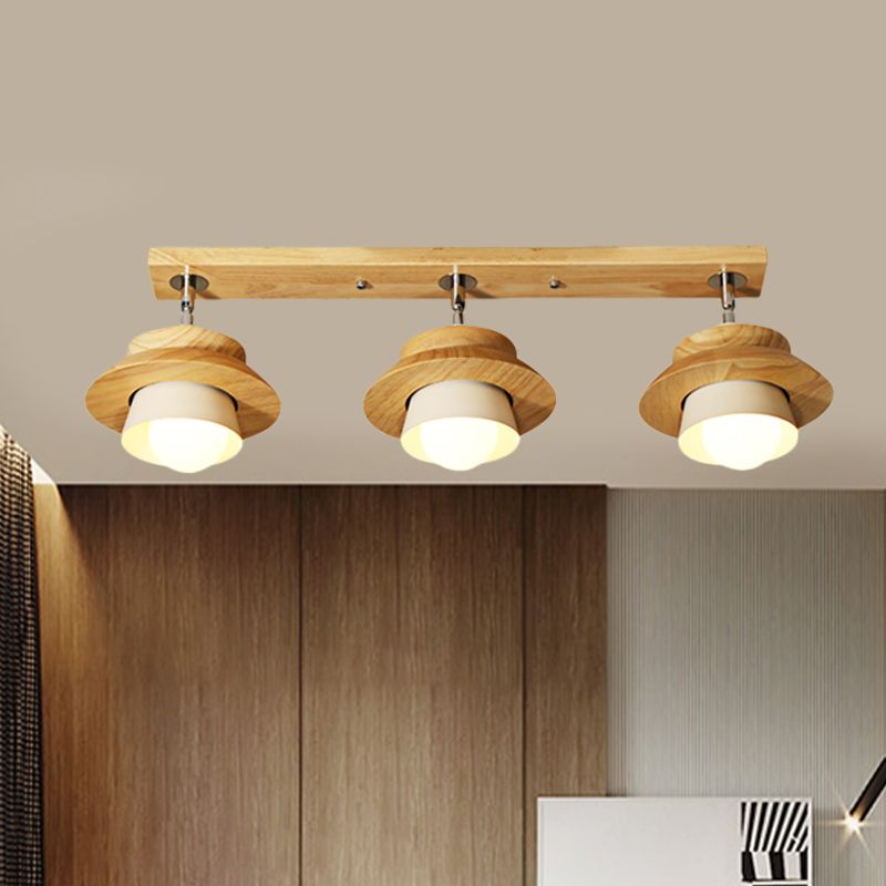 Dual Cap Shade Swivelable Flush Mount Nordic Wooden 3-Light White Semi Ceiling Lamp for Sitting Room