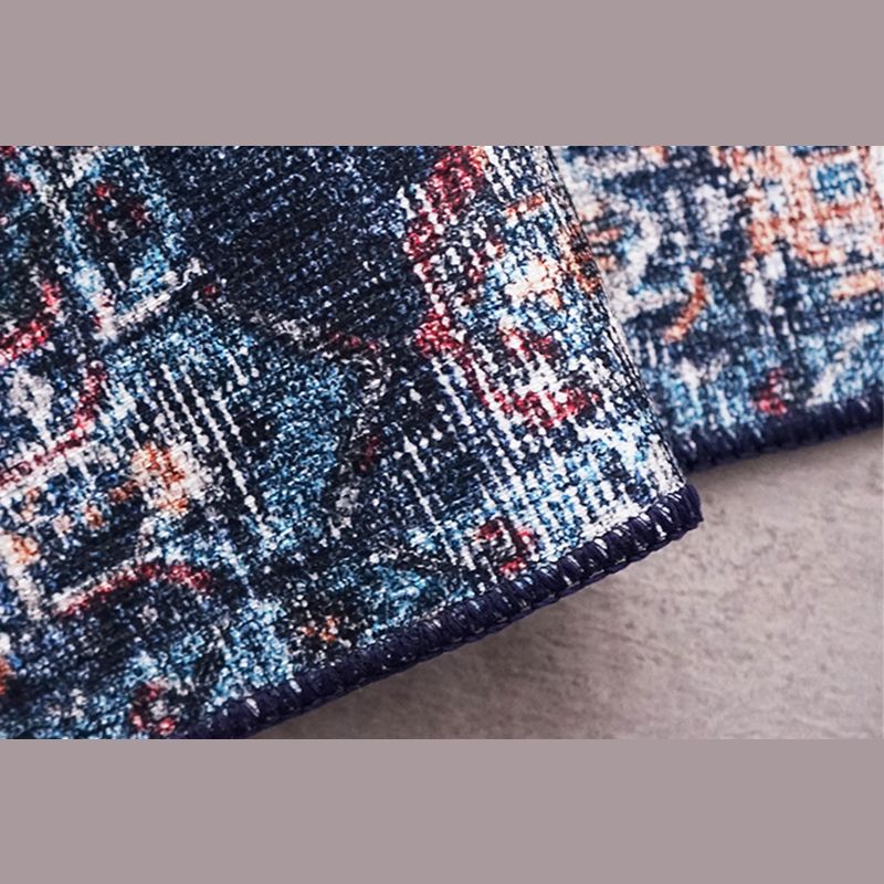 Blue Tone Distressed Area Carpet Polyester Floral Printed Indoor Rug Anti-Slip Backing Carpet for Living Room