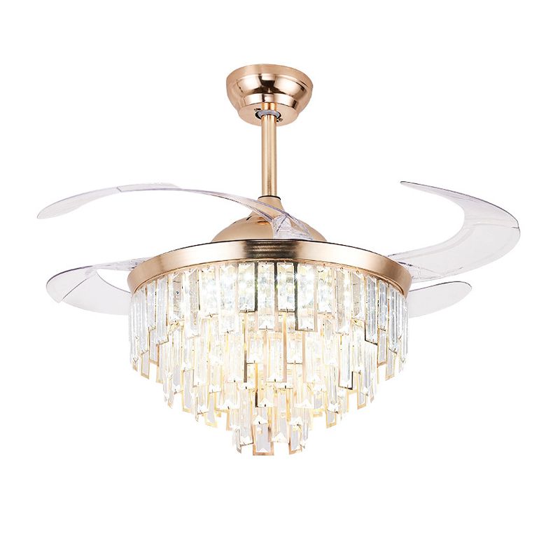 Crystal Cylindrical Ceiling Fan Light Modernism LED Lighting Fixture in Gold with Remote Control/Wall Control/Remote Control and Wall Control for Living Room