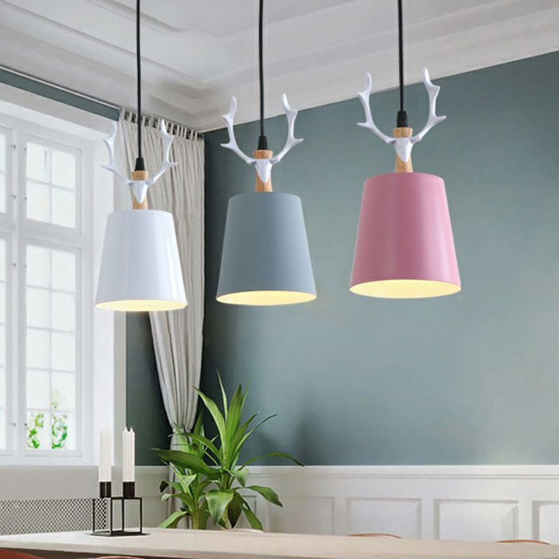 Macaron Taper Hanging Ceiling Light Metal Single Dining Room Drop Pendant with Antler Decor