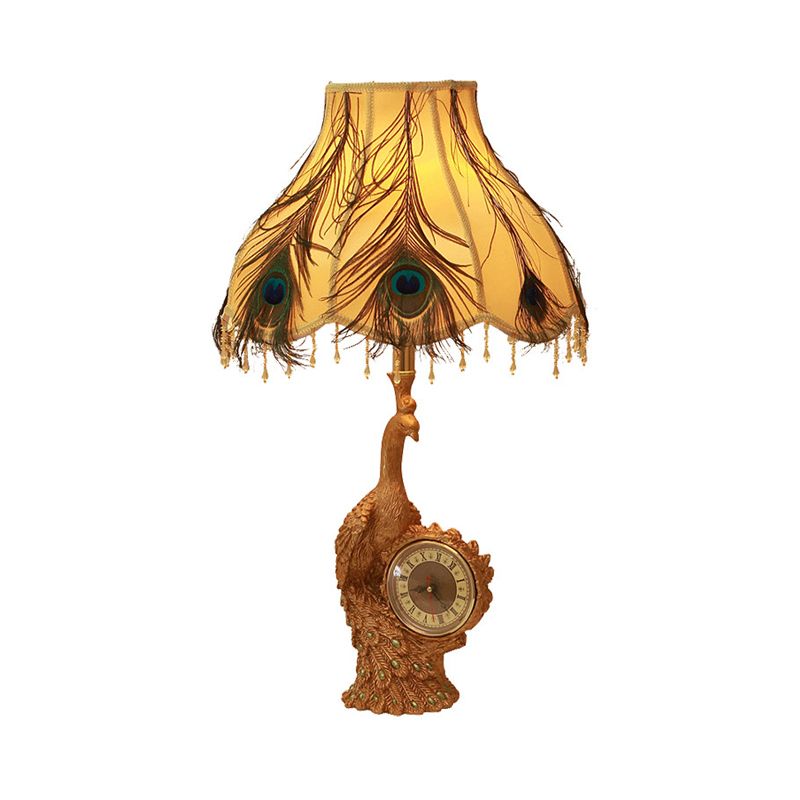 Classic Scalloped Table Light 1 Light Fabric Task Lighting in Brown/Gold for Bedroom with Peacock and Clock