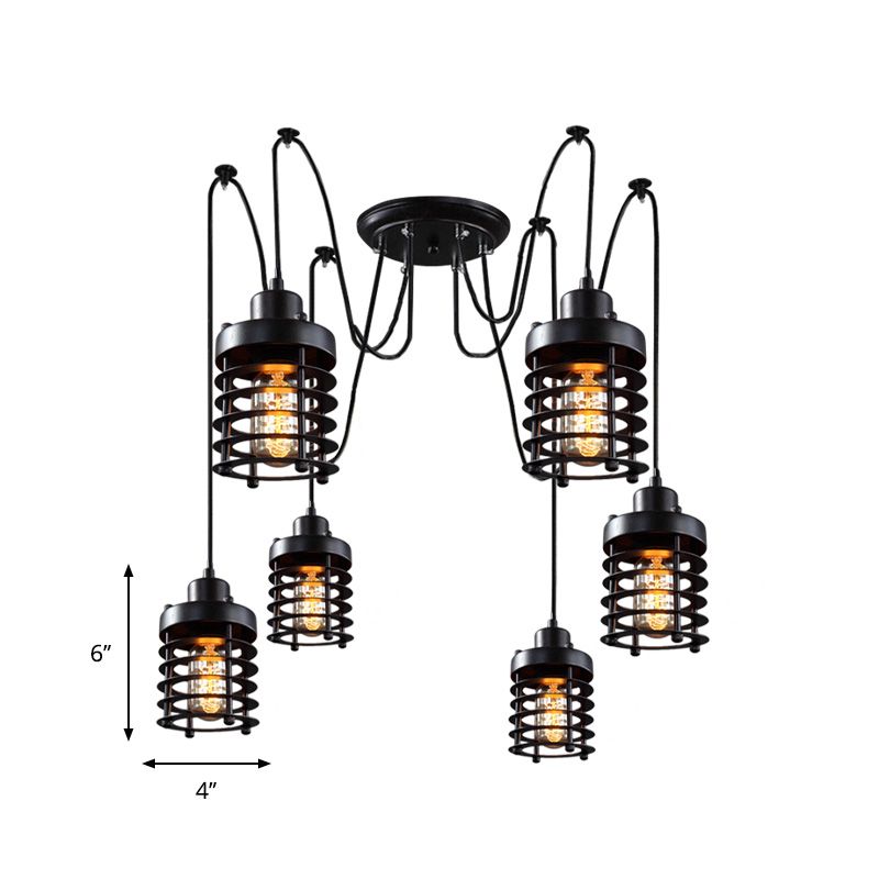 Lanterne d'usine Swag Pendant Light 6 Heads Metal Multi Hanging Light en noir pour le salon