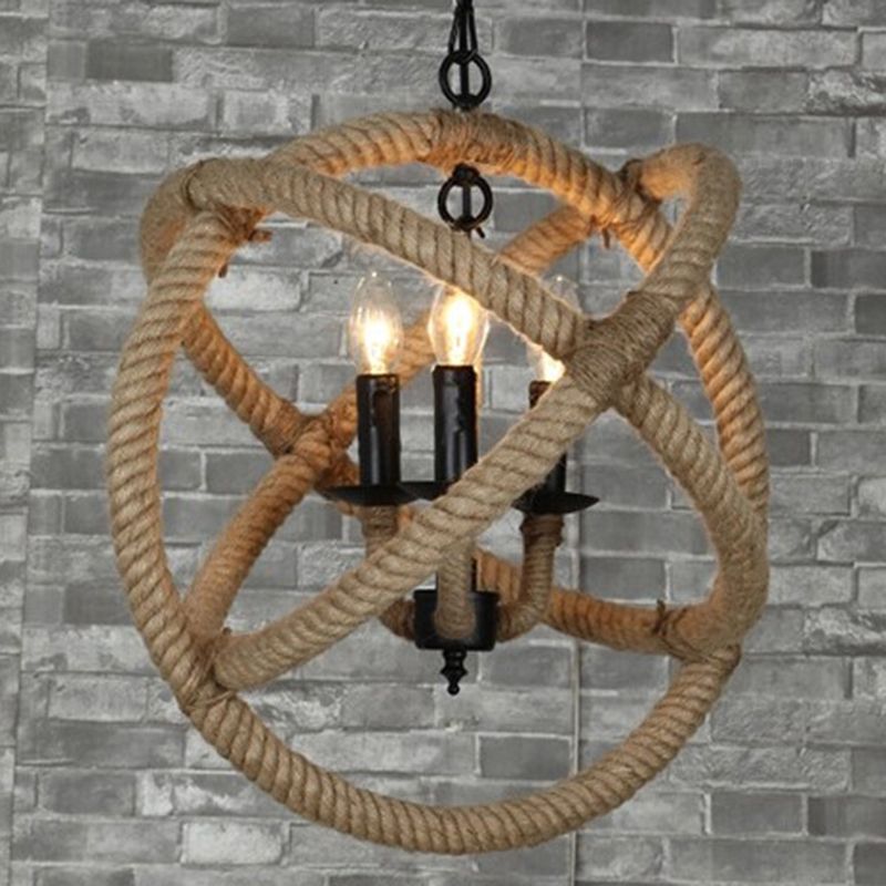 Loft Rope-Wrapped Globe Chandelier Lighting Fixture Rope Hanging Lamp Kit in Beige