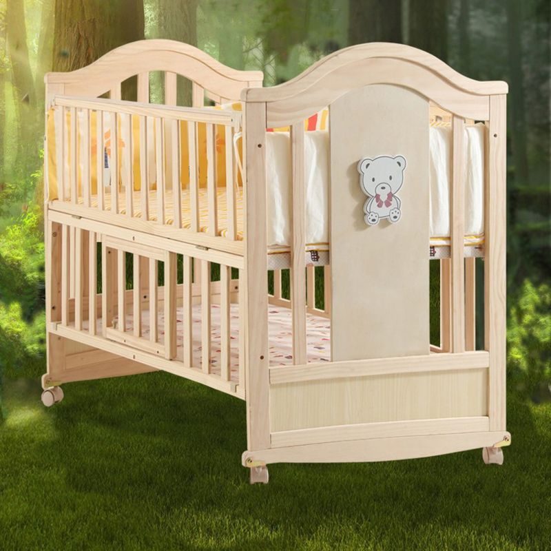 Farmhouse Wood Nursery Crib Brown Arched Nursery Bed with Casters