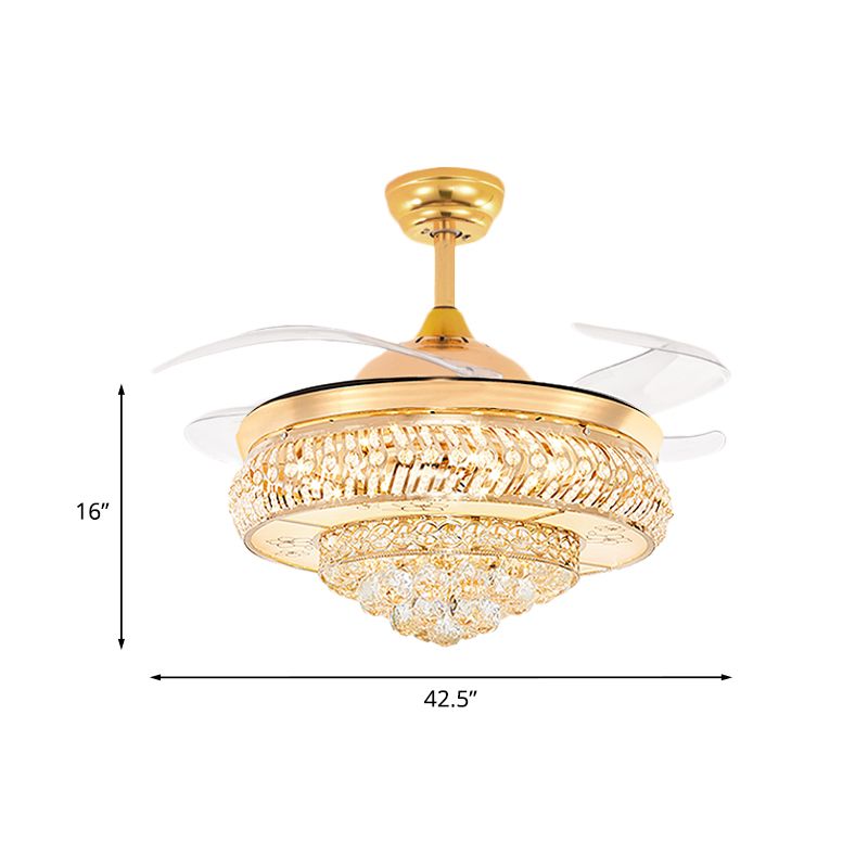 42.5" Wide Crystal Pointed Fan Lamp Contemporary 4-Blade Bedroom LED Semi Flush Ceiling Light in Gold