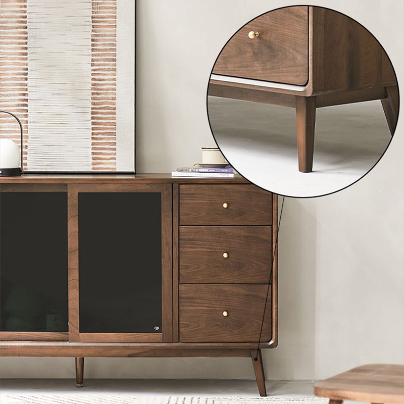 Espresso Walnut Wood Sideboard Modern Glass Door with 3 Drawers