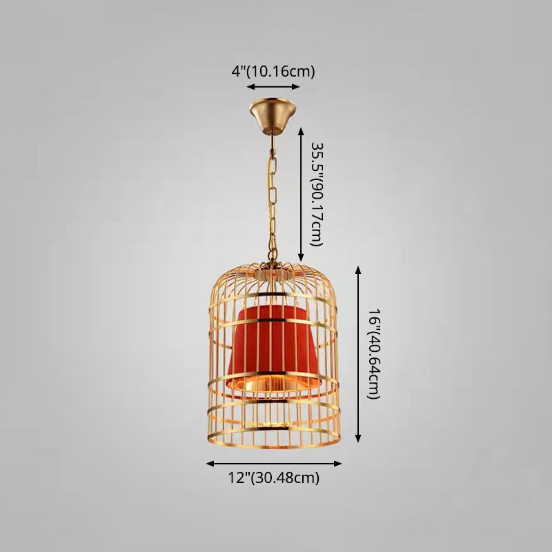 Gold Plated Birdcage Hanging Lamp Country Metal 1 Bulb Restaurant Ceiling Light with Cone Shade