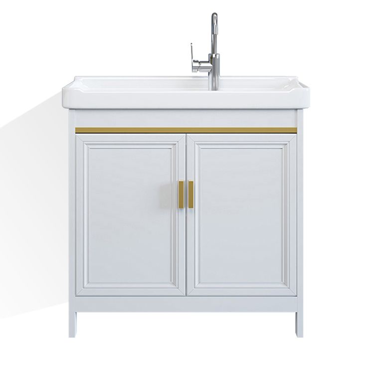 White Bathroom Vanity Metal Frame Single Sink Rectangular Freestanding Vanity with Mirror