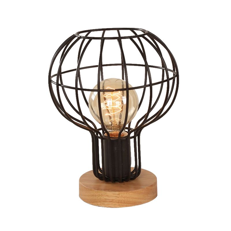 1 Bulb Table Lamp Industrial Stylish Pear/Barrel Shade Metal and Wood Task Lamp with Wire Guard in Black for Bedroom