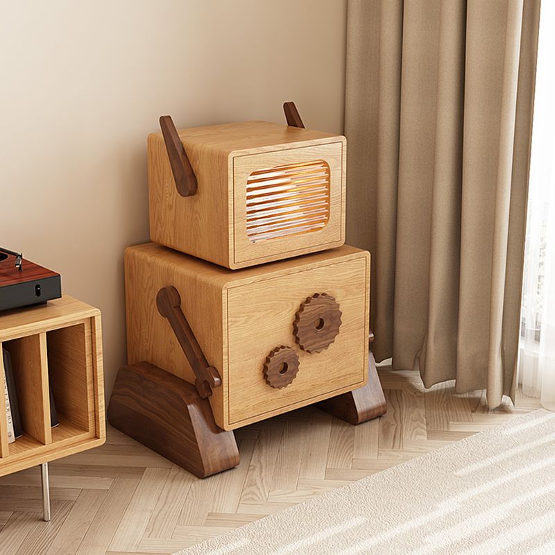 Modern & Contemporary Kids Bedside Table with Cabinet Light Wood Solid Wood