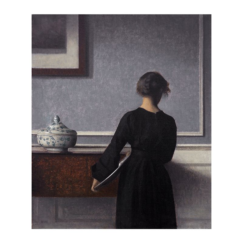 Hammershoi Woman Back Canvas Art Traditional Textured Surface Wall Decor in Dark Color