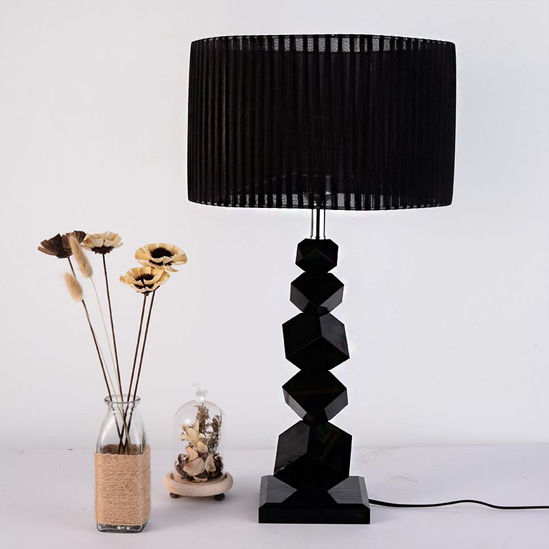 Black Drum Night Lamp Classic Fabric 1 Head Bedroom Table Light with Crystal Rock Design