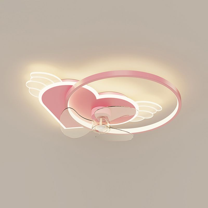 Pink Heart and Ring Ceiling Fan Cartoon LED Metal Semi Flush Light Fixture for Kids Room