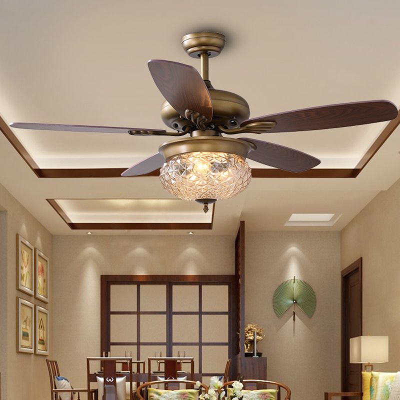 48"/52" W Antique Brass 3 Lights Ceiling Fan Lamp Classic Style Prismatic Glass Domed Semi Flush Mount Lighting