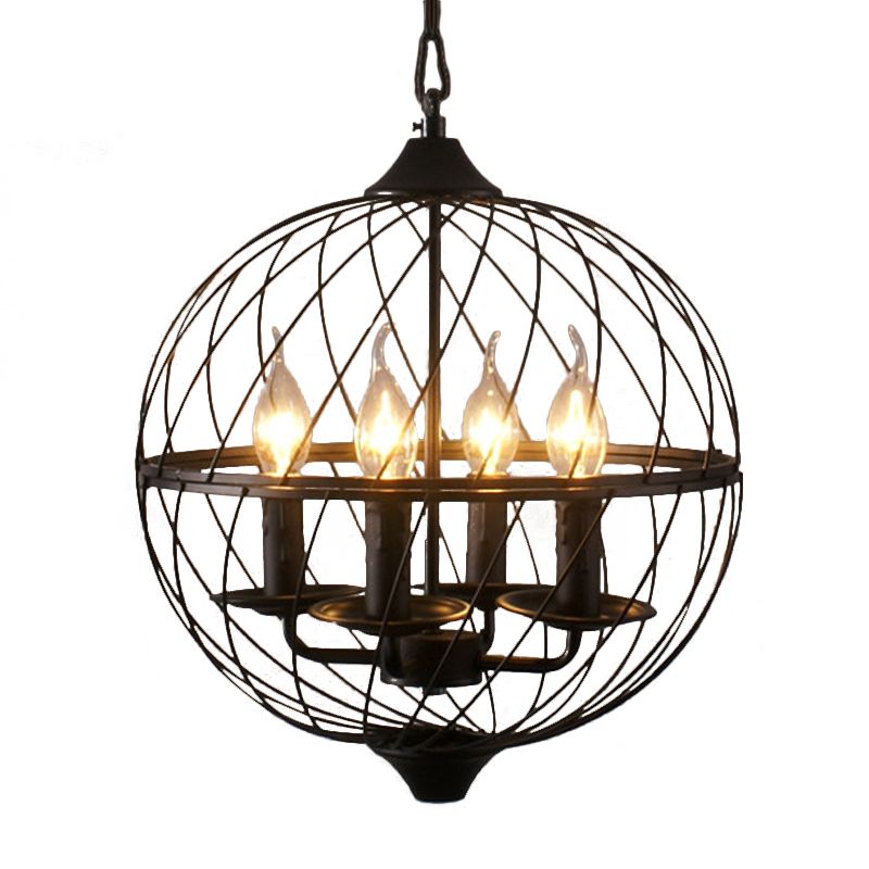 Iron Black Chandelier Lighting Global Mesh Shade 4 Bulbs Industrial Ceiling Light Fixture with Adjustable Chain for Dining Room