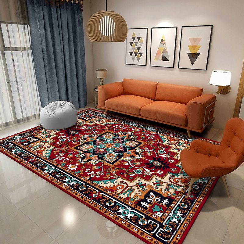 Moroccan Red Tone Carpet Medallion Print Area Rug Polyester Anti-Slip Backing Carpet for Home Decor