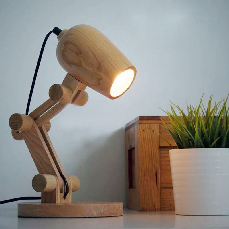 Robot Table Light Nordic Wood Kids Bedside LED Nightstand Light with Swing Arm in Brown