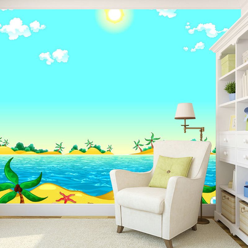 Blue and Yellow Beach Murals Wallpaper Waterproofing Cartoon Bathroom Wall Decor