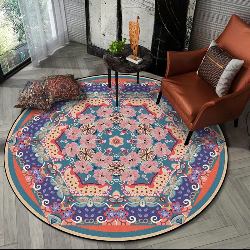 Multi-Color Floral Print Rug Victorian Moroccan Round Area Carpet Polyester Anti-Slip Backing Carpet for Home Decor