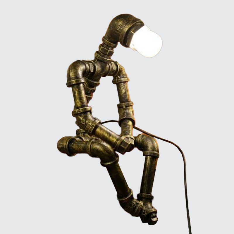 Iron Pipe Robot Night Table Light Cyberpunk Single-Bulb Boys Room Nightstand Lamp in Brass/Copper