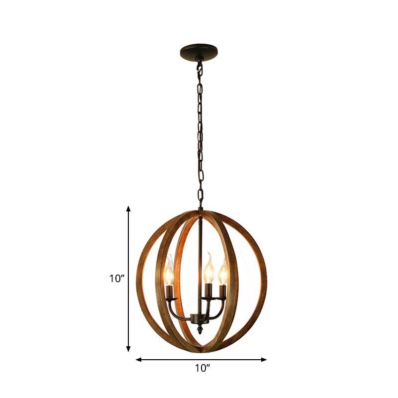 Wooden Spherical Hanging Fixture Loft Industrial 3 Lights Chandelier Pendant Light in Brown for Dining Room