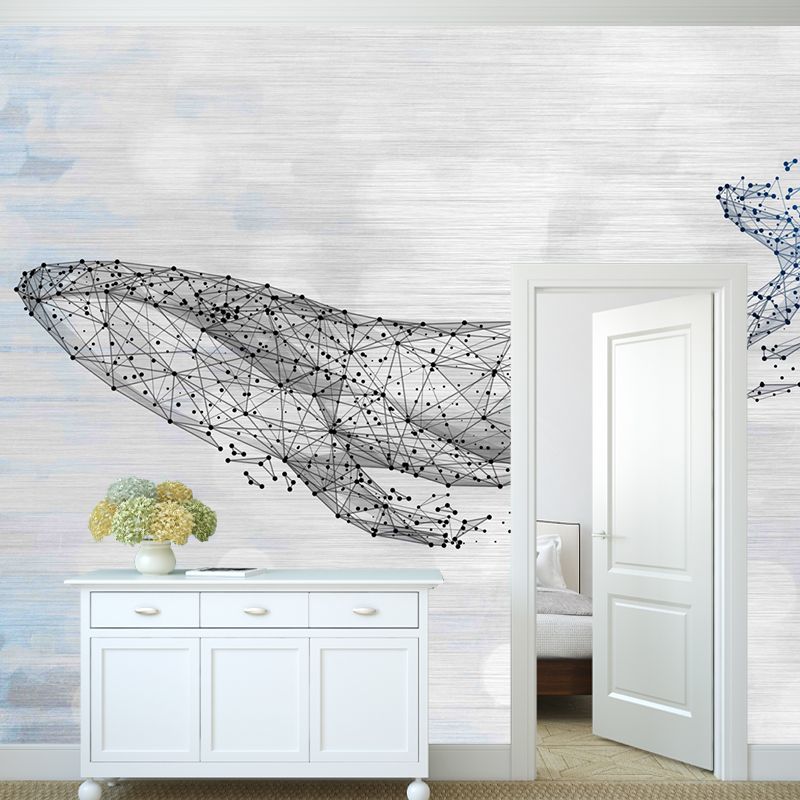 Extra Large Illustration Original Mural Wallpaper for Home Decoration with Whale Pattern in Blue and White