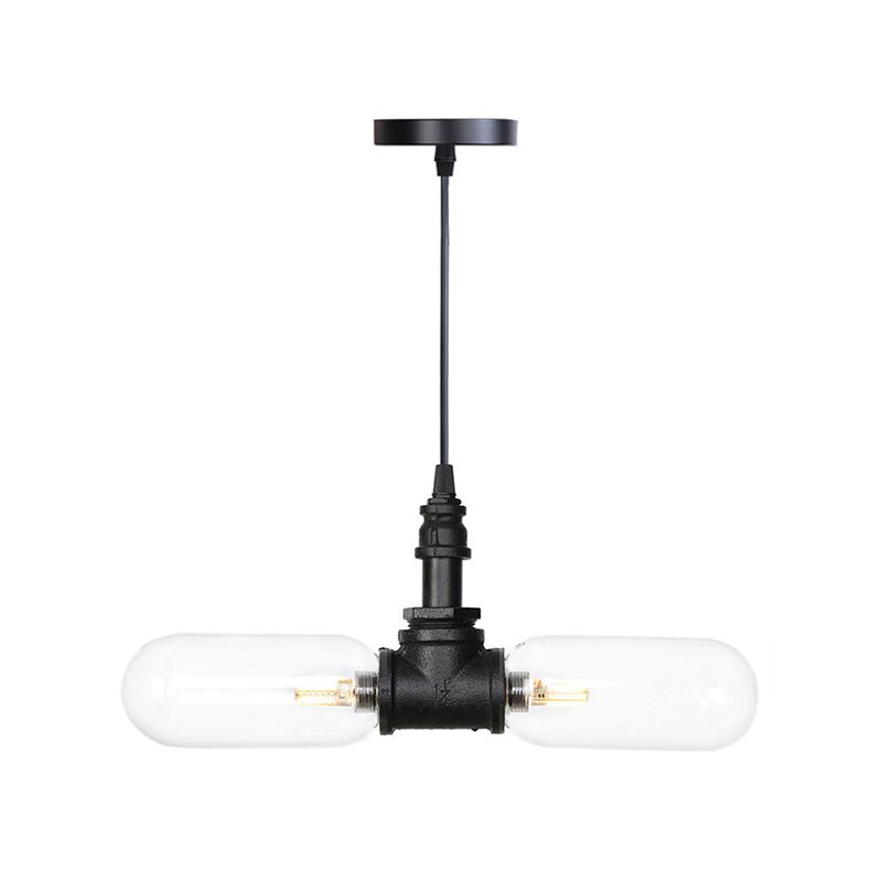 Clear Glass Capsule Shade Pendant Antiqued 2-Head Coffee Shop LED Ceiling Chandelier in Black with Pipe Design