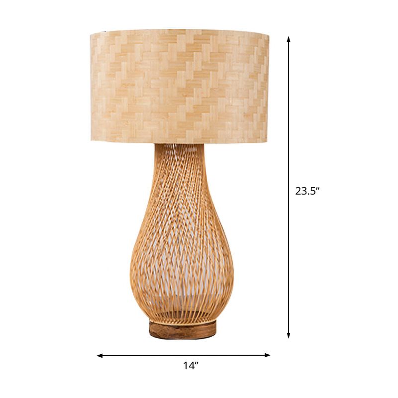 Luce da goccia di bambù Luce cinese 1 illuminazione dell'attività di testa in beige con tonalità in tessuto cilindro