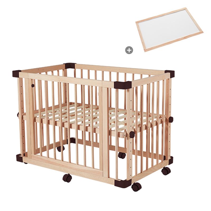 Rectangle Solid Wood Crib Farmhouse Adjustable Height Crib with Casters