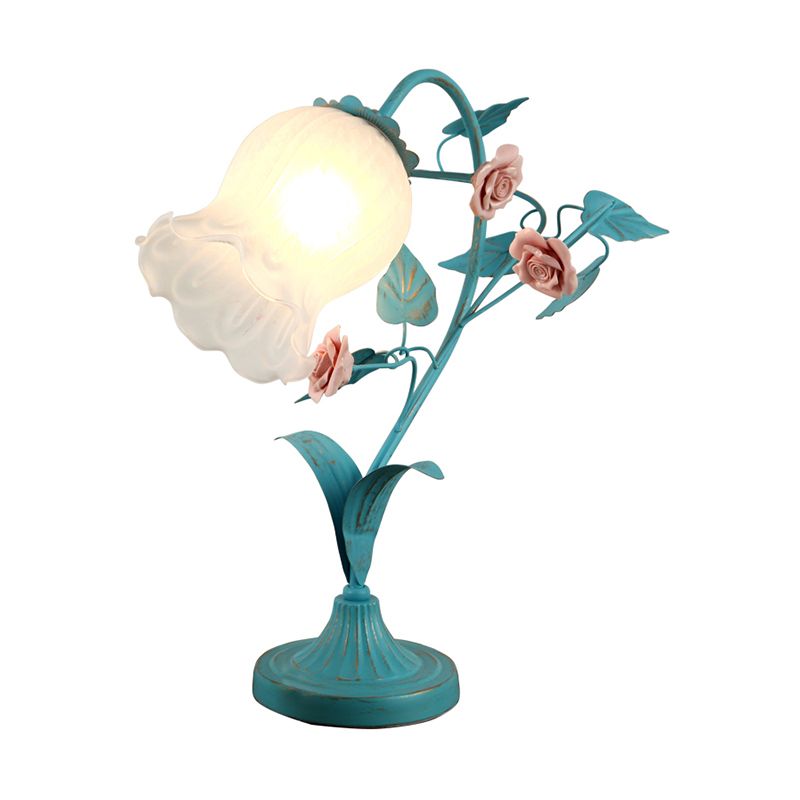 1-Bulb Night Light Pastoral Floral Frosted Milky Glass Table Lamp with Arched Arm in Blue/Beige