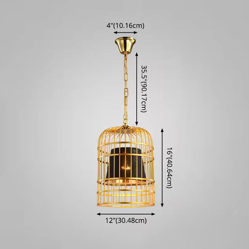 Gold Plated Birdcage Hanging Lamp Country Metal 1 Bulb Restaurant Ceiling Light with Cone Shade