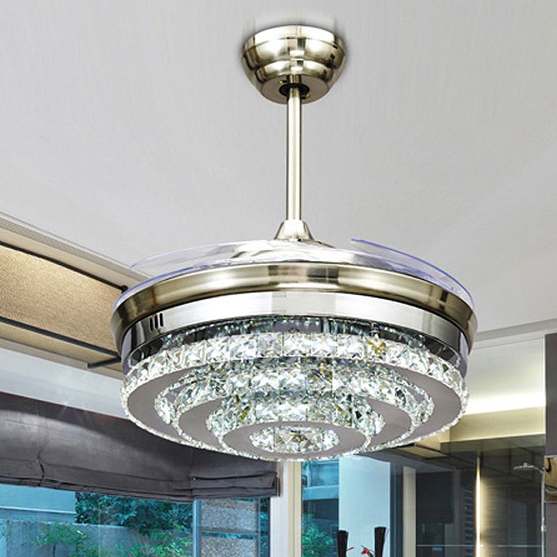 Chrome à 3-ring Flush Mount Fan de plafond Crystal Crystal moderne 4 lames Parlour LED Mount semi-flush Light, 42,5 "W