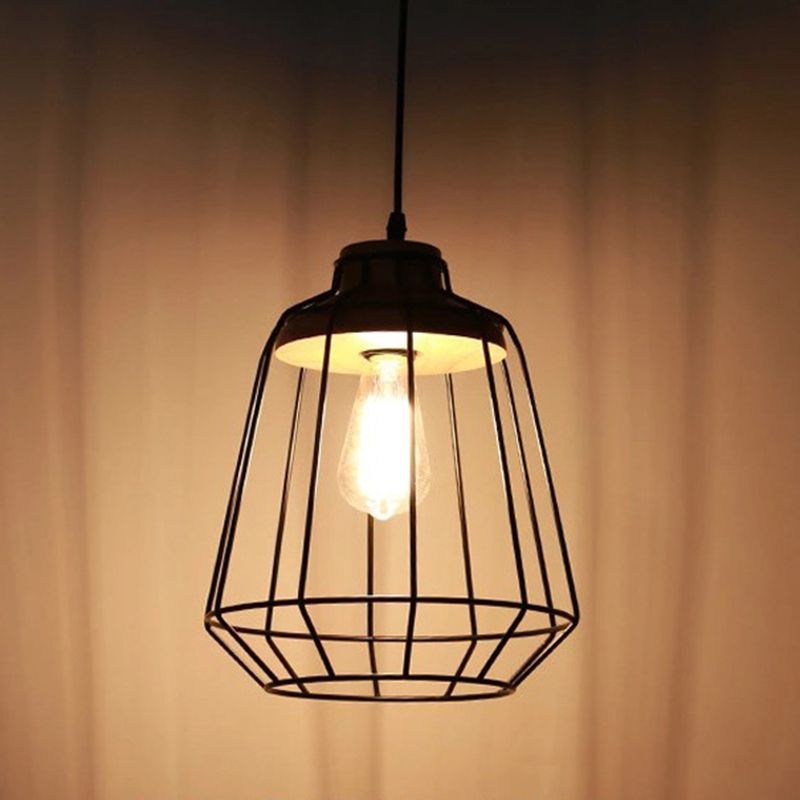 Black Metal 1 Light Pendant Light Industrial Retro Retro Wire Cage Hanging Lamping for Restaurant