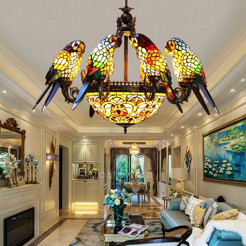 Wrought Iron Pendant Light in Tiffany Artistic Style Parrot Glass Ceiling Light for Corridor