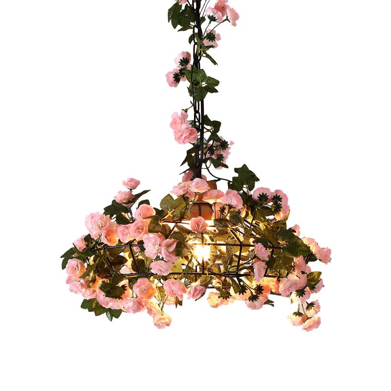 Farmhouse Jar/Diamond/Barn Cage Pendant 1-Light Iron Flower Suspended Lighting Fixture with Wooden Cap in Black