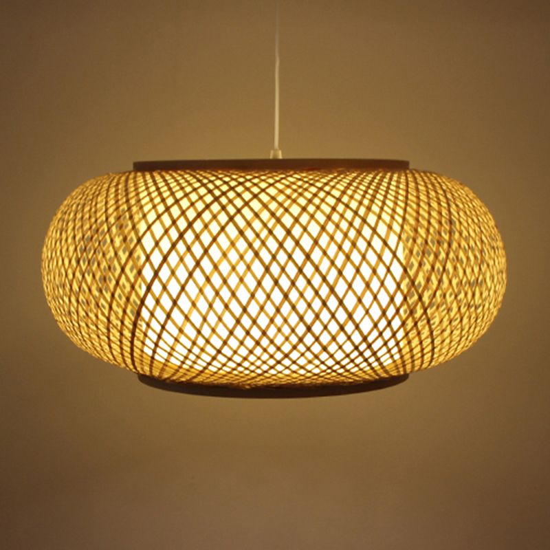 Asian Style Hanging Light 1-Light Hand Weaving Drum Shaped Pendant Lamp for Bedroom