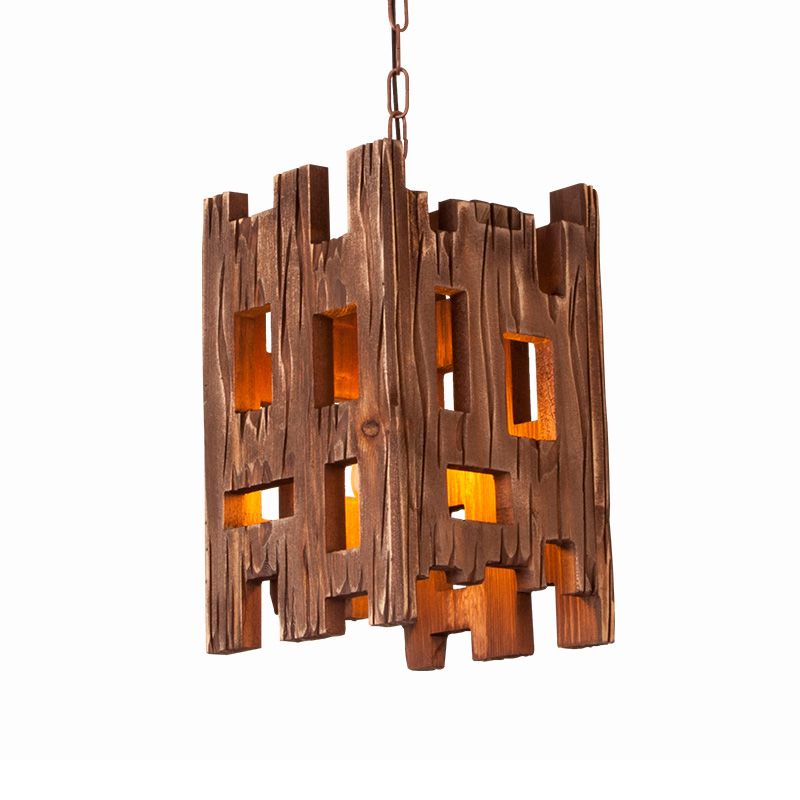 Wooden Rectangular Pendant Lamp Country Style 1 Bulb Brown Hanging Light Fixture with Adjustable Chain