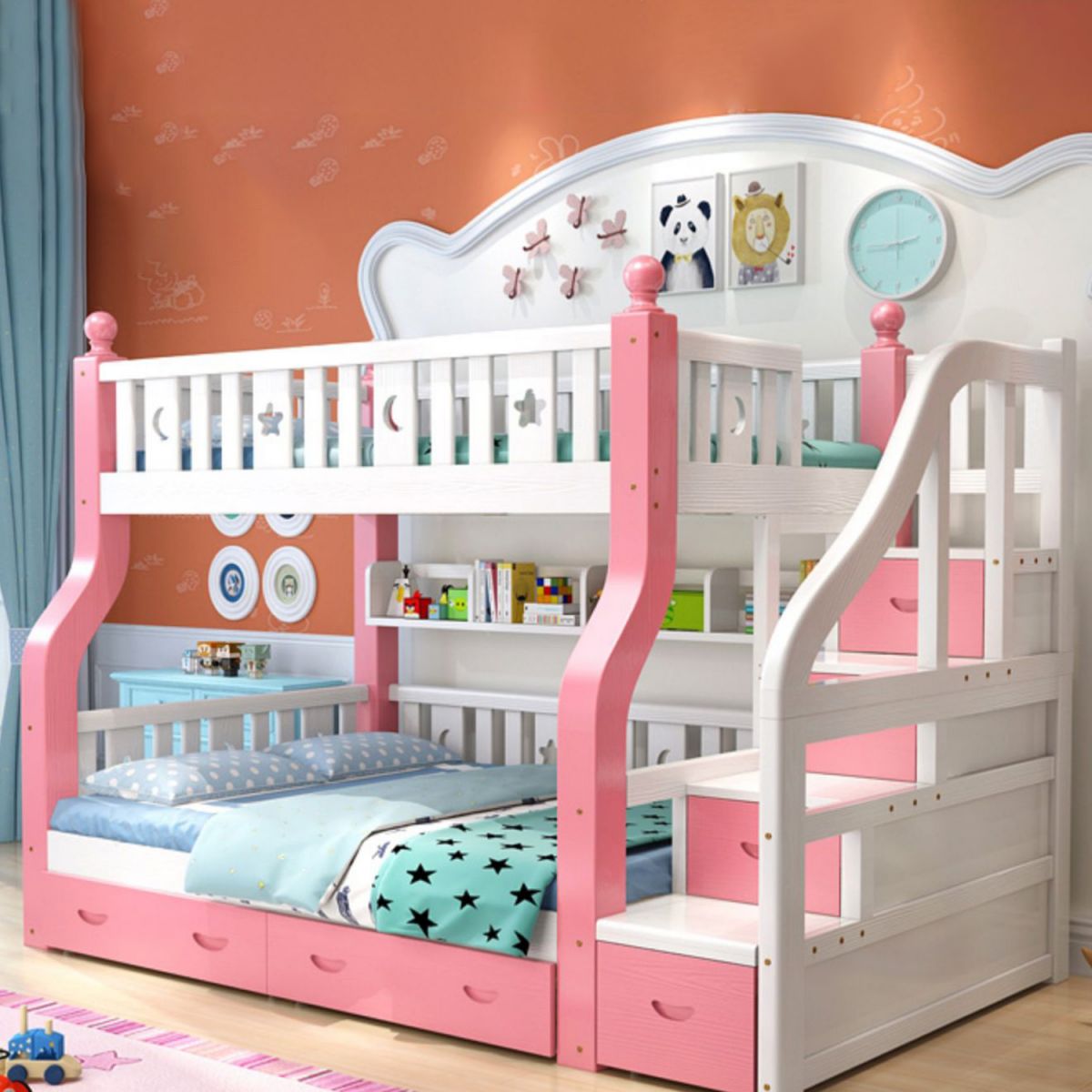 Nordic Solid Wood Standard Bunk Bed in White and Pink with Storage